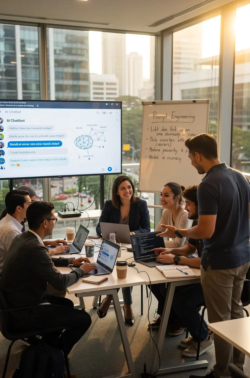 Experienced mentor providing one-on-one guidance to a learner working on chatbot programming exercises.