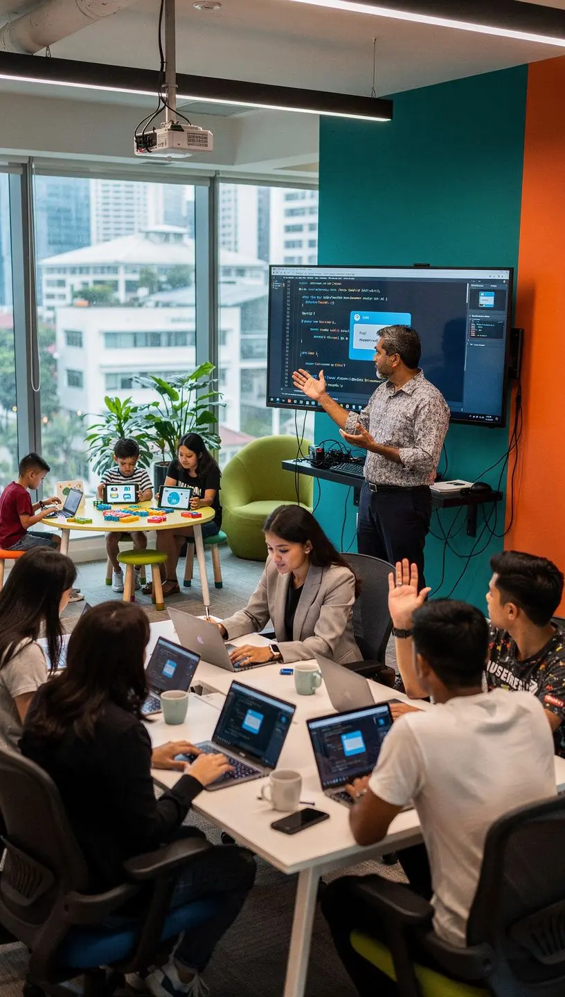 Group of professionals collaborating on AI project development in a bright, open office space in Singapore.